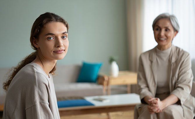 Девушка смотрит в камеру в кабинете психотерапии